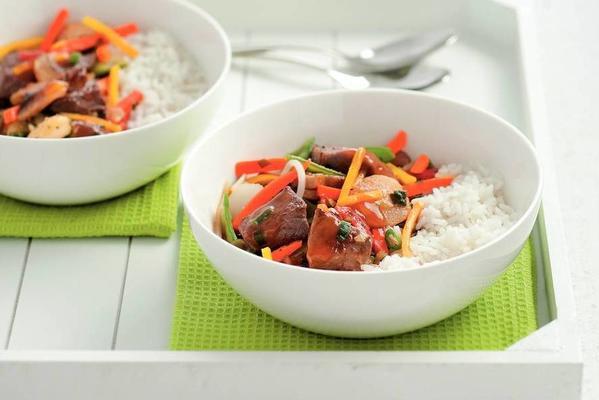 steak tips with wok vegetables