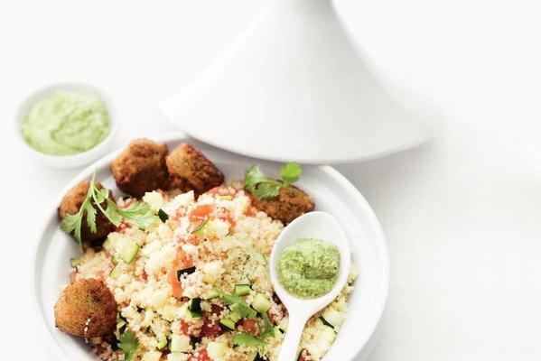 couscous with falafel and coriander pesto