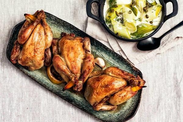 poussin with leeks, vermouth and dill