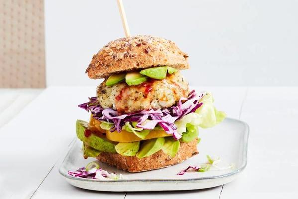 cod burger on a wholemeal ball with coleslaw
