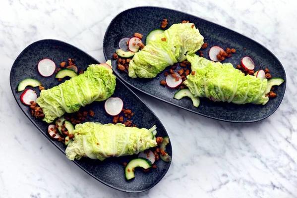 cabbage wraps with vegage chop, cucumber and radish