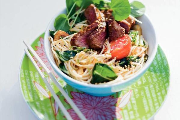 thai noodles with watercress and marinated beef