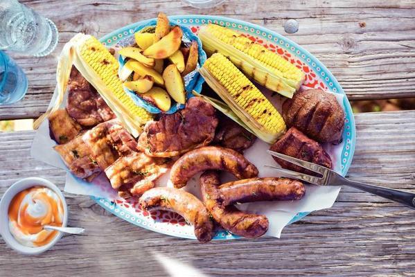 mixed grill with potato and corn