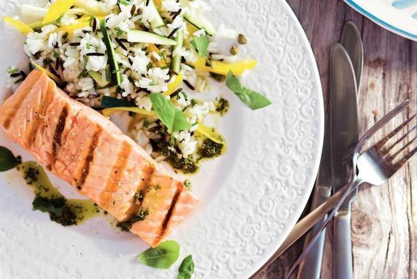salmon fillet with basil oil and rice salad