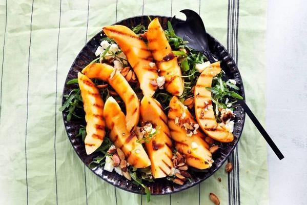 bbq salad with grilled melon, almonds and feta