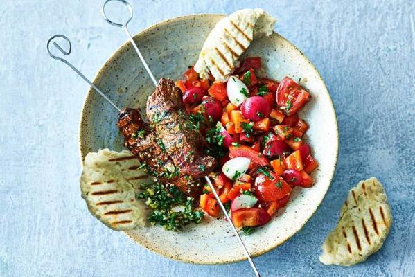 grilled steak skewer with flat bread and chimichurri