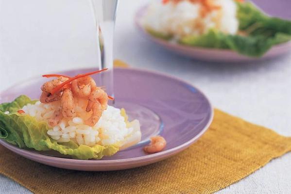 shrimp and sushi rice in lettuce leaf