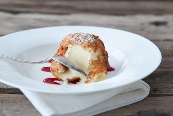fried ice cream with raspberry coulis