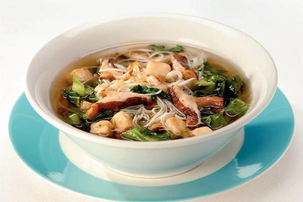 wok soup with endive, noodles and shiitake
