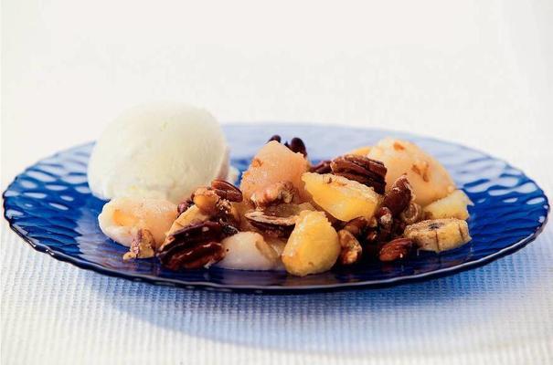 baked fruit with ice cream