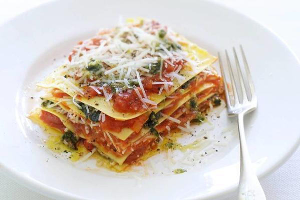 open lasagne with pesto, pecorino and tomato