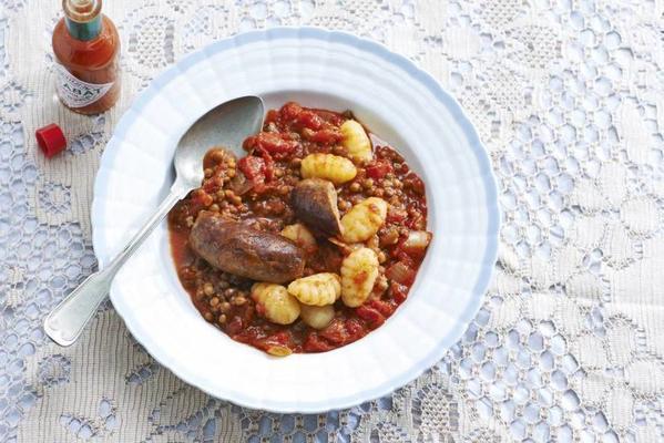 spicy gnocchi-lentil dish with sausage