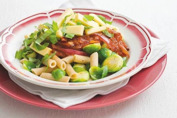 penne with Brussels sprouts, cheese and tomato sauce