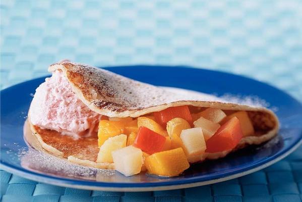 fruit pancakes with strawberry ice cream