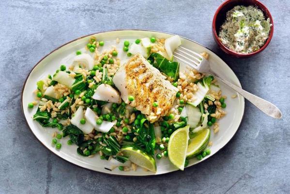 spicy cod with bok choy and peas