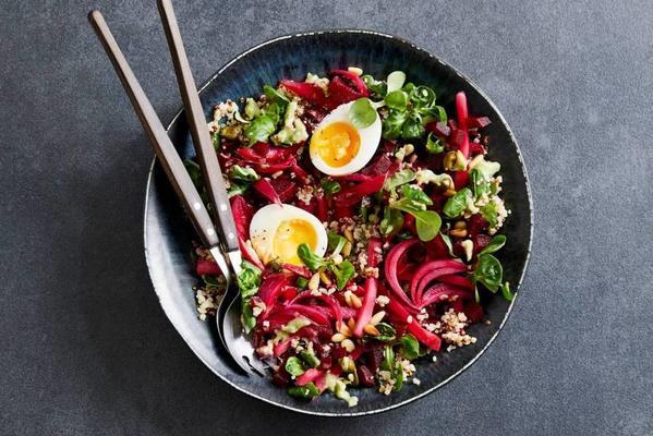 quinoa-bulgar salad with pickled vegetables and avocado dressing