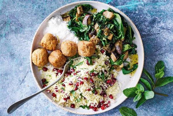 Moroccan couscous with eggplant and falafel