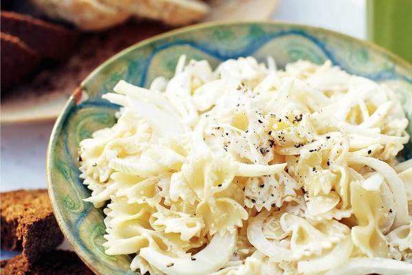 white pasta salad with puffed garlic