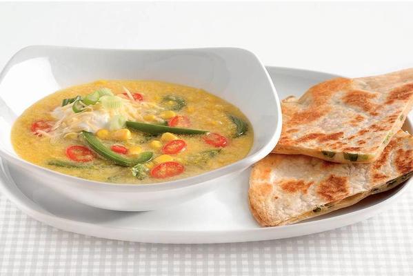 spicy corn soup with quesadillas