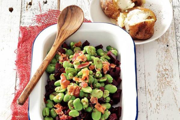 beets with broad beans and bacon