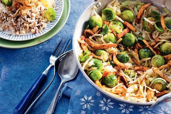oriental chicken with brussels sprouts and white cabbage