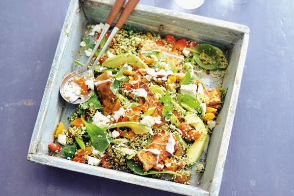 quinoa salad with golden brown tofu
