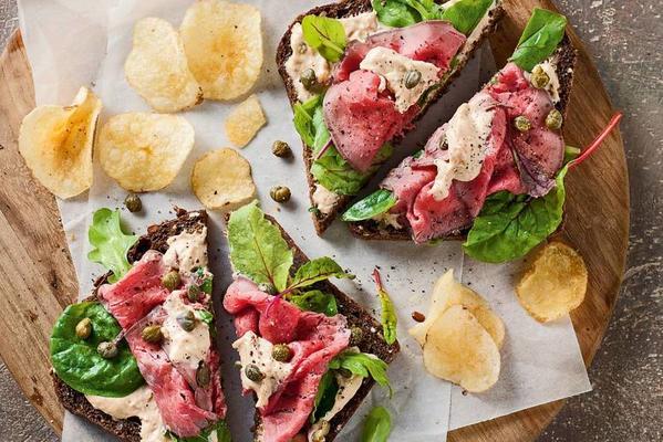 open hearty dark multigrain sandwich roast beef tuna