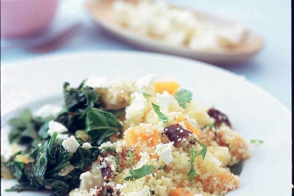 couscous with white cheese, spinach and fruit