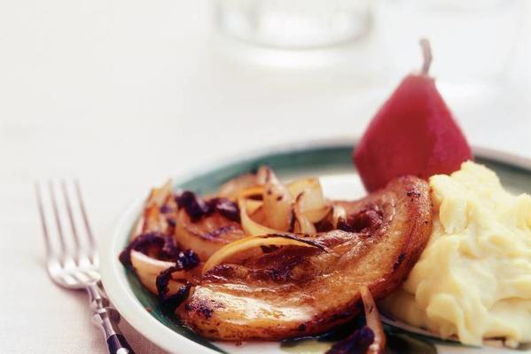 bacon steaks with fried onions and prunes