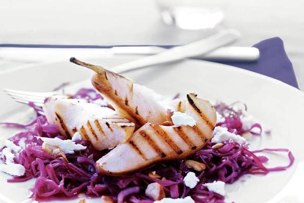 red cabbage with grilled pear and goat cheese
