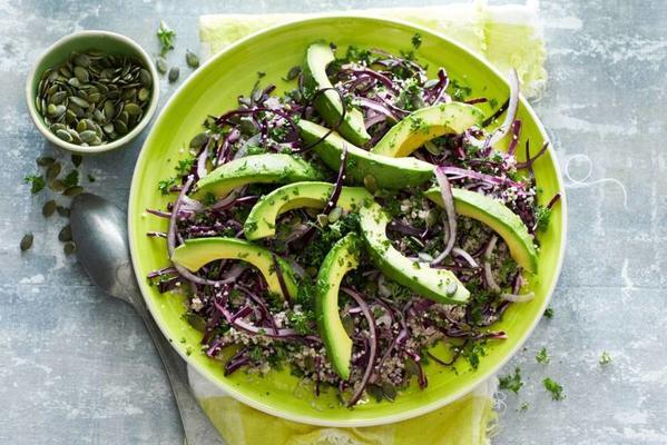 red cabbage couscous with avocado