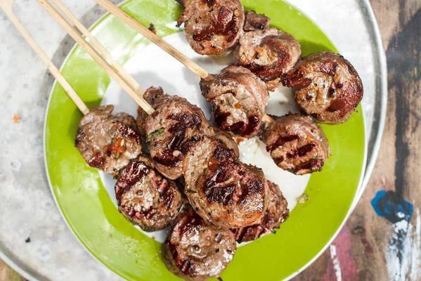 entrecote skewers with paprika salsa