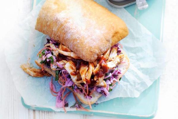 sandwich with poached chicken and coleslaw