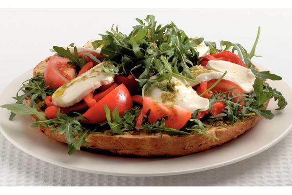 pesto salad on homemade tomato bread