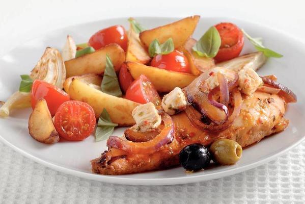 feta chicken with fennel and potato wedges