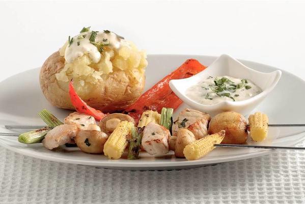 meat-vegetable skewer with baked potato