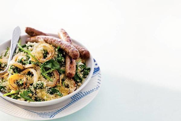 spinach couscous with lamb sausages