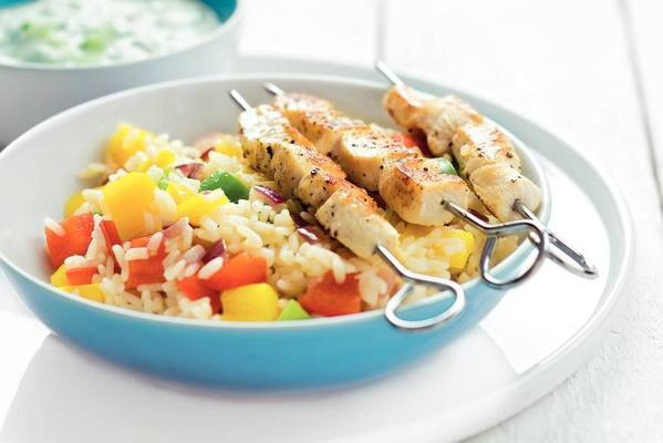 pepper rice with chicken skewers