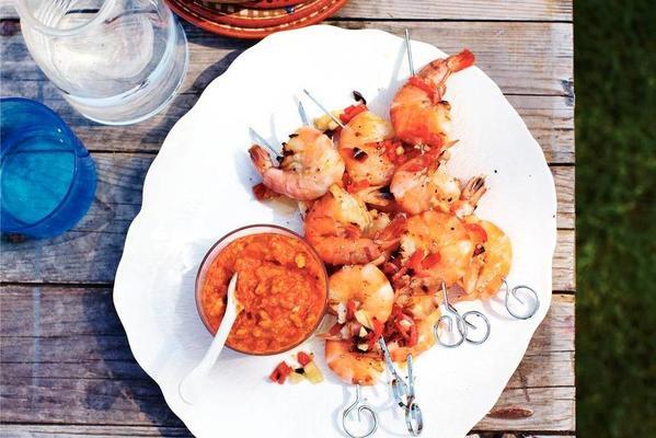 shrimp skewer with paprika sauce