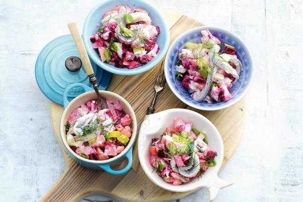 potato salad with beet and sour herring