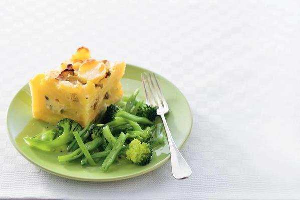 potato gratin and green vegetables