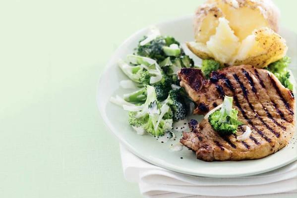 grilled pork chop with broccoli salad