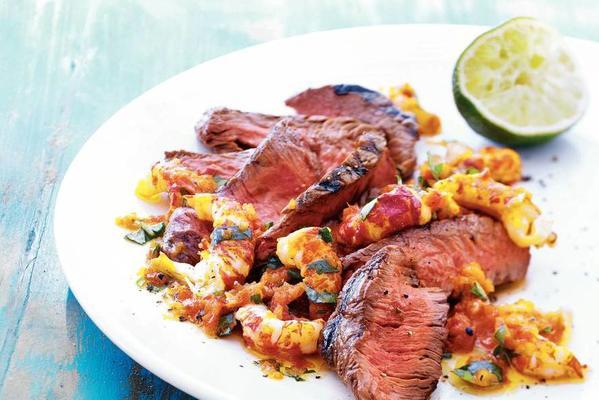 grilled steak with spicy crayfish sauce