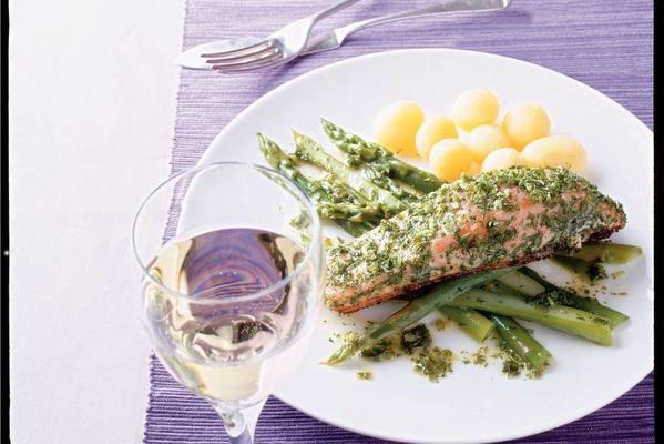 salmon baked on the skin with garden herbs