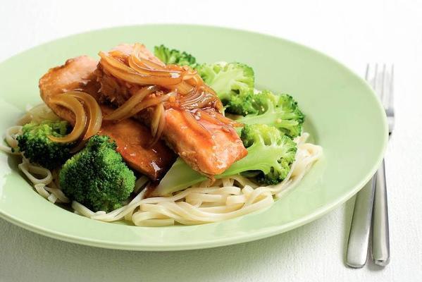 noodles with broccoli, salmon and ginger sauce