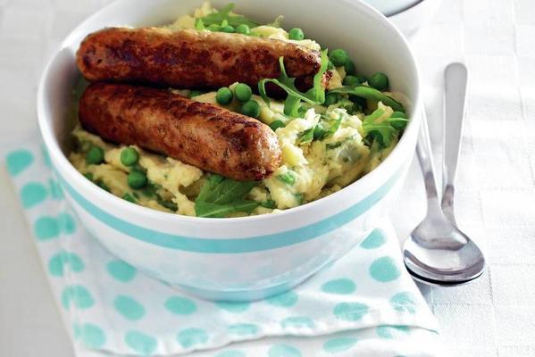 mustard puree with sausages and garden peas