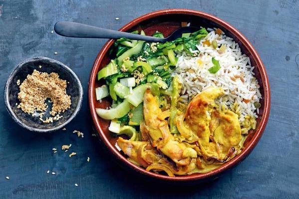 chicken curry with nut rice, bok choy and roasted sesame seeds