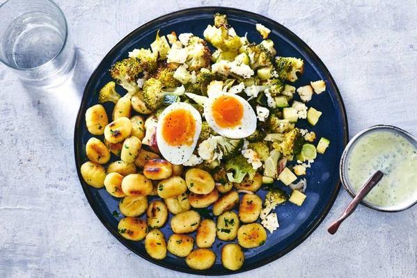 oven vegetables with feta, gnocchi, fresh yoghurt and a boiled egg