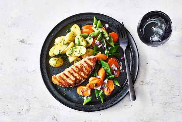 grilled salmon with carrot salad and chive bilberries