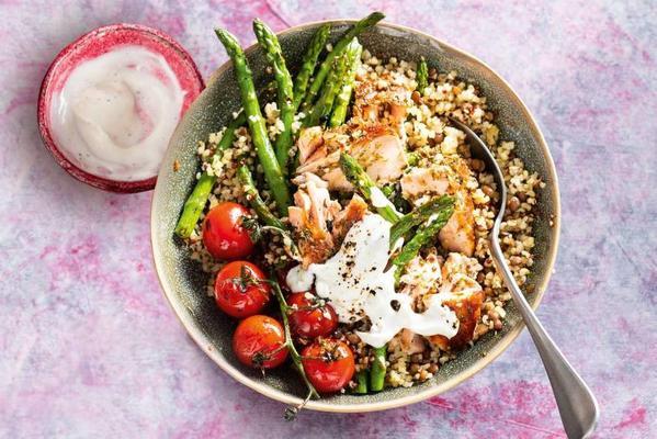 lentil quinoabowl with grilled salmon and vegetables